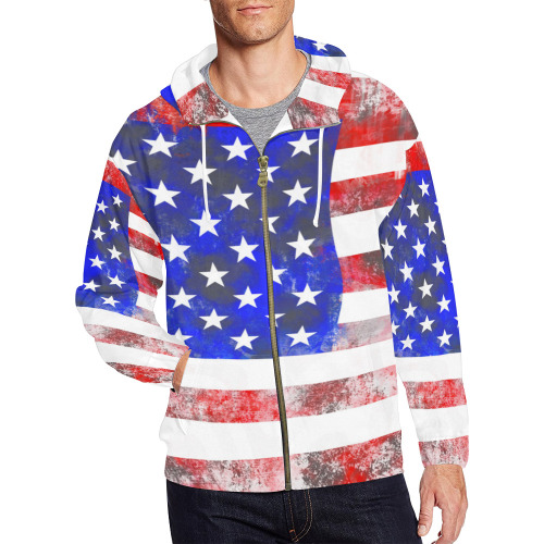 Extreme Grunge American Flag of the USA All Over Print Full Zip Hoodie for Men (Model H14)