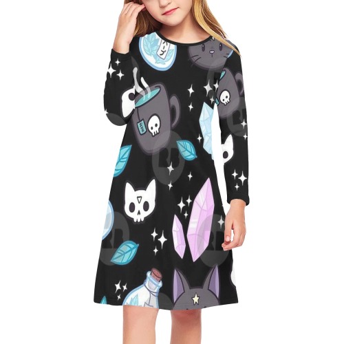 Spooky cats Girls' Long Sleeve Dress (Model D59)