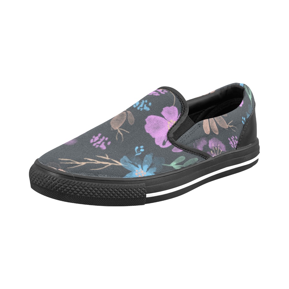 Watercolor Flowers on Dark Gray Women's Slip-on Canvas Shoes (Model 019)