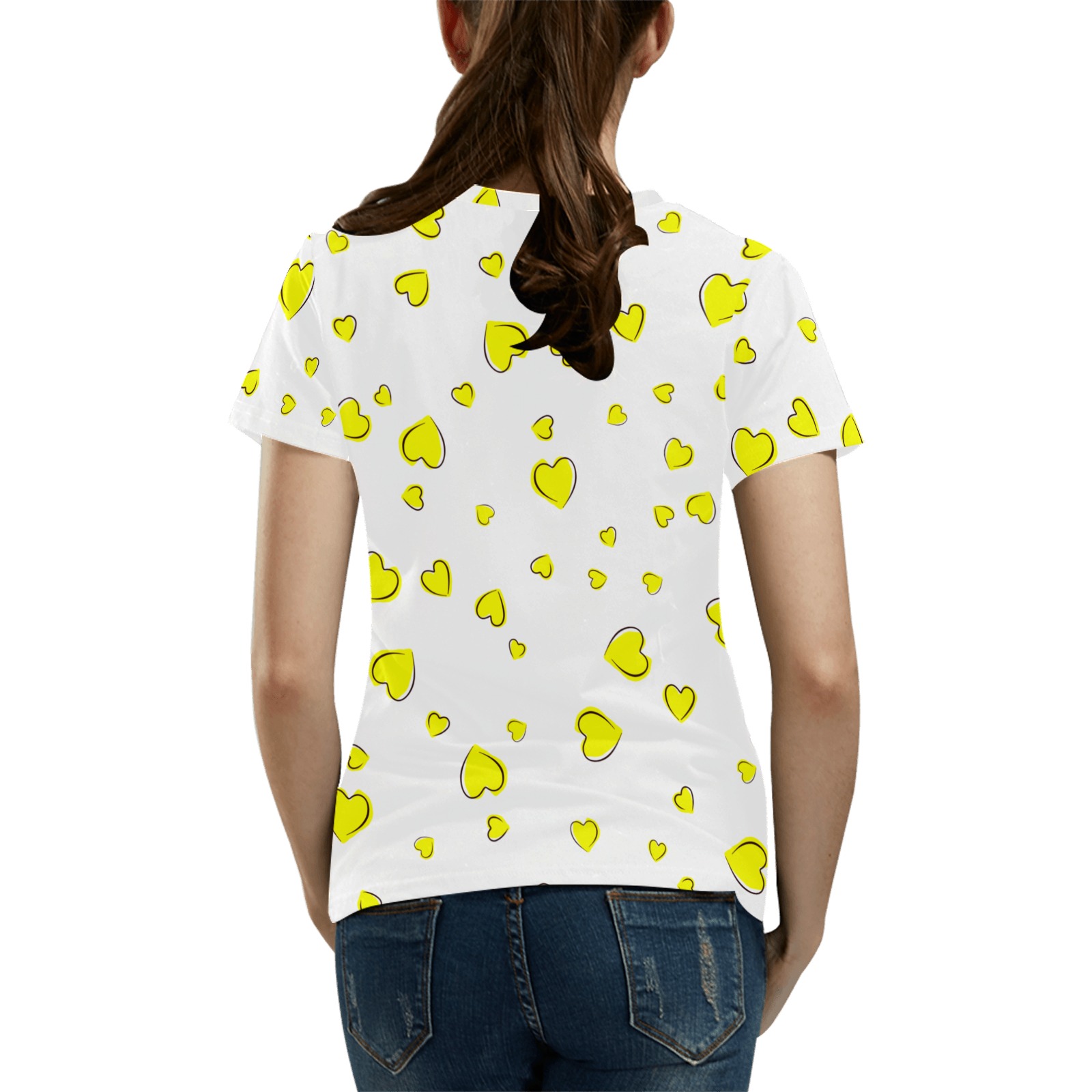 Yellow Hearts Floating on White All Over Print T-Shirt for Women (USA Size) (Model T40)