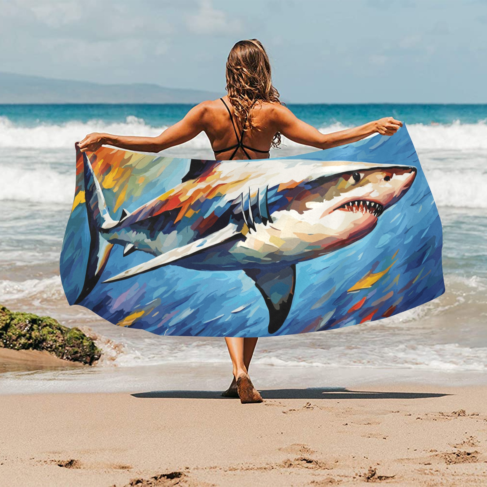 Cute shark under the sea colorful ocean art. Beach Towel 32"x 71"