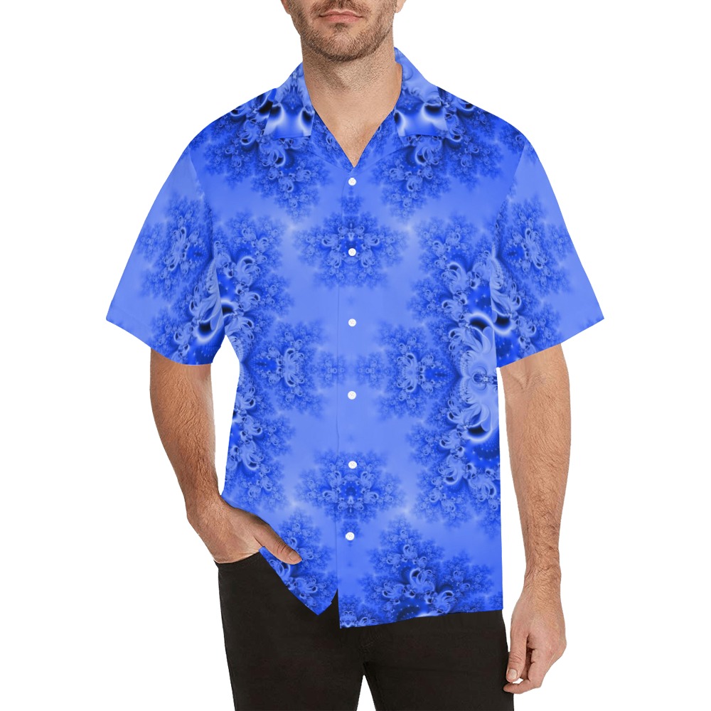 Blue Sky over the Bluebells Frost Fractal Hawaiian Shirt with Merged Design (Model T58)
