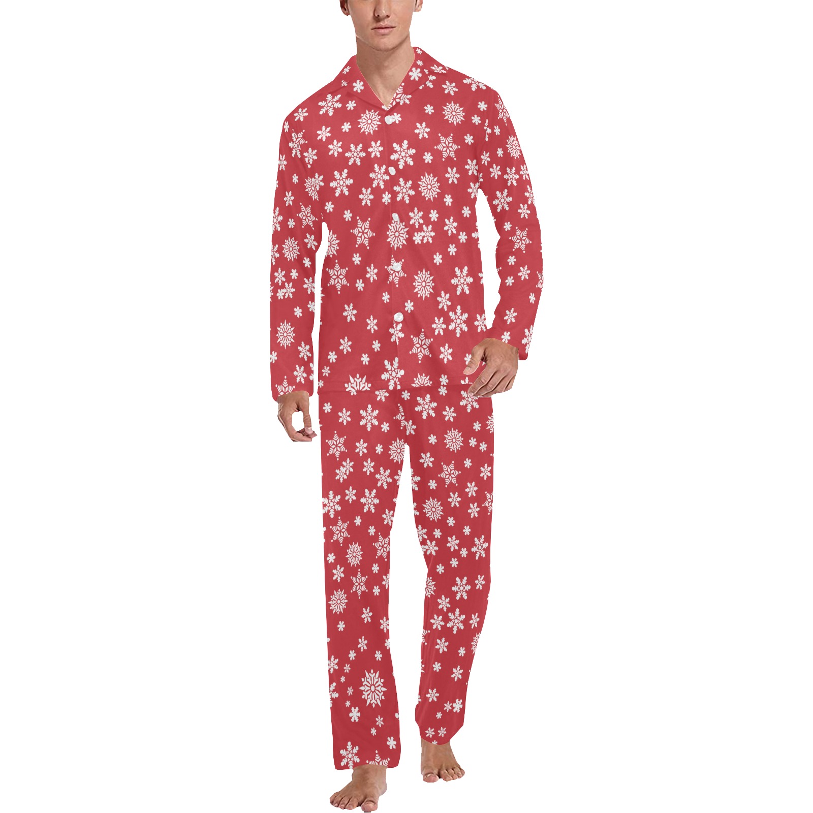 Christmas  White Snowflakes on Red Men's V-Neck Long Pajama Set