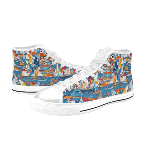 Colorful yachts, sailboats. Blue sea. Abstract art Women's Classic High Top Canvas Shoes (Model 017)