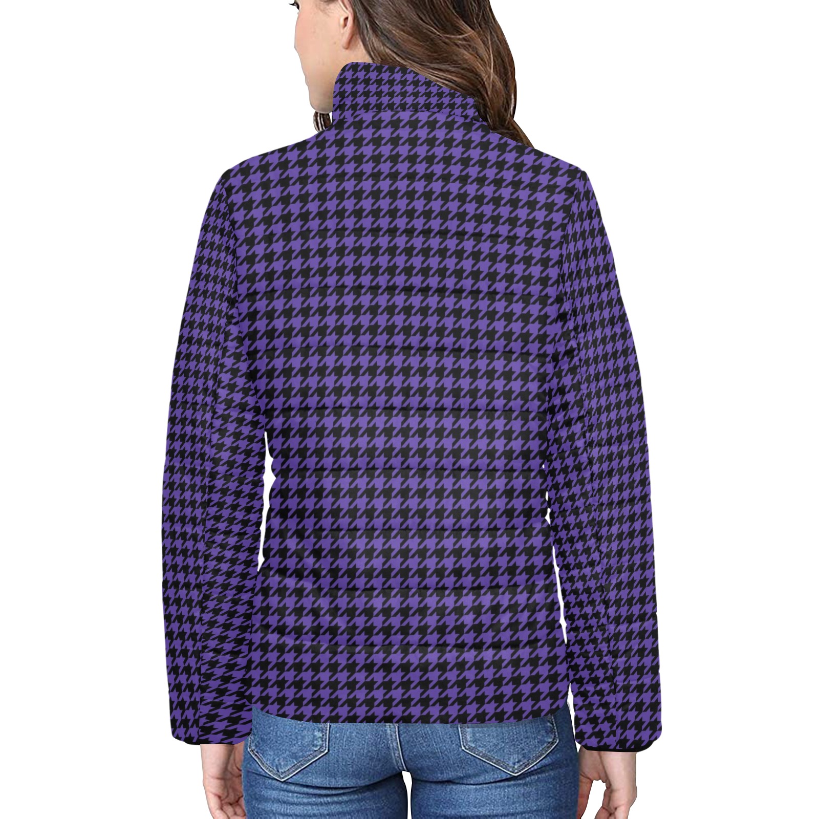 Purple Houndstooth Women's Stand Collar Padded Jacket (Model H41)