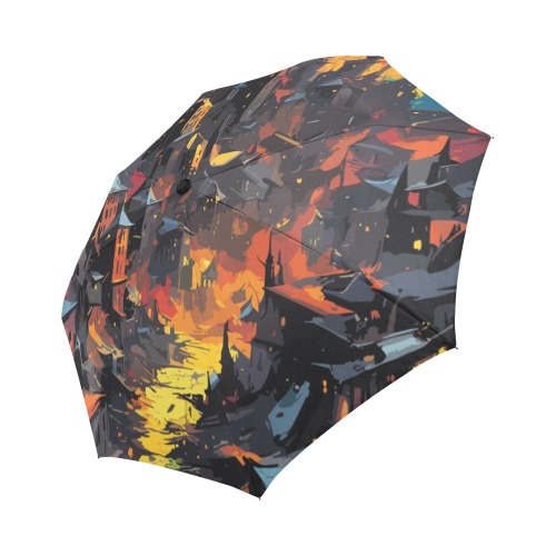 Dark fantasy city. Buildings and colors on black Auto-Foldable Umbrella (Model U04)