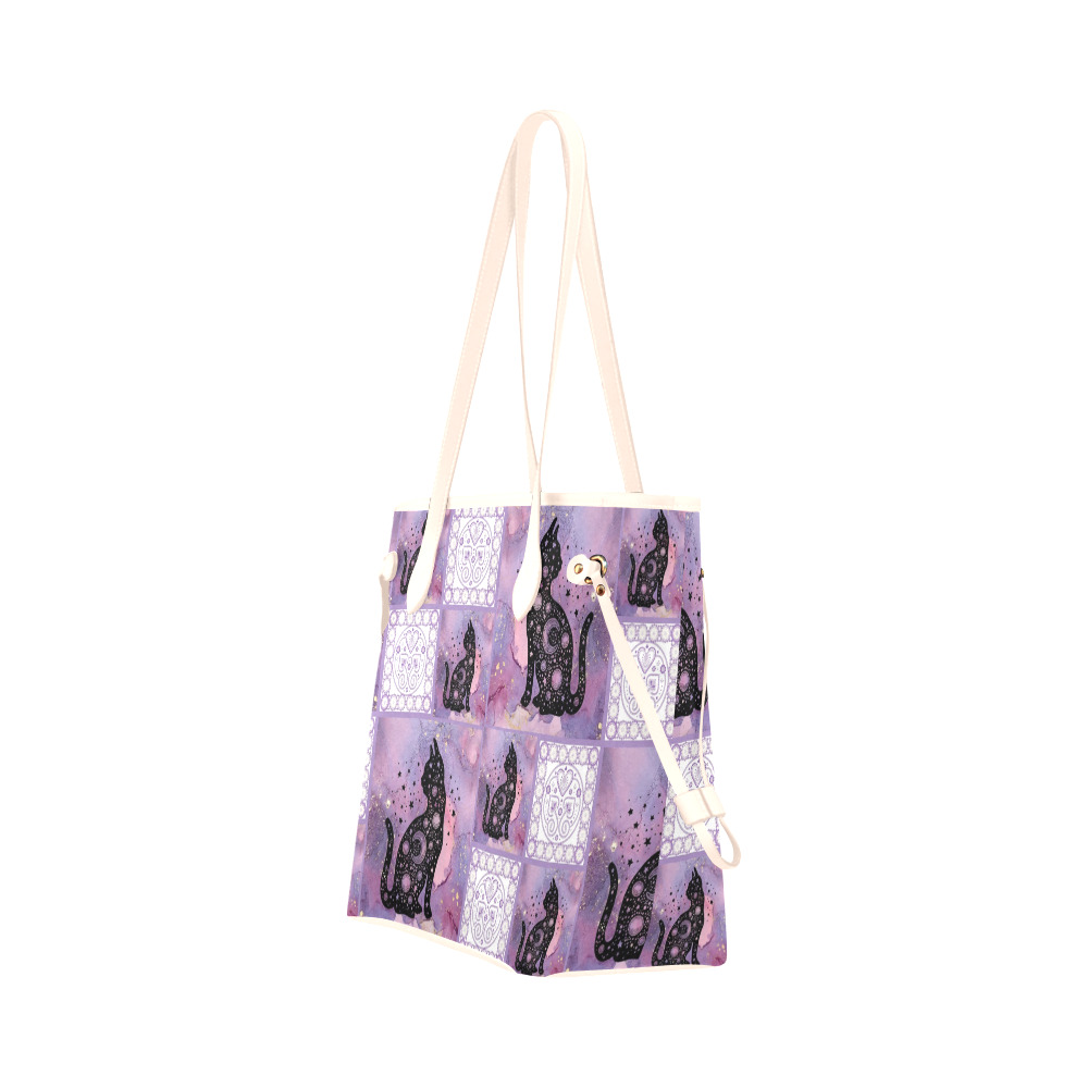 Purple Cosmic Cats Patchwork Pattern Clover Canvas Tote Bag (Model 1661)