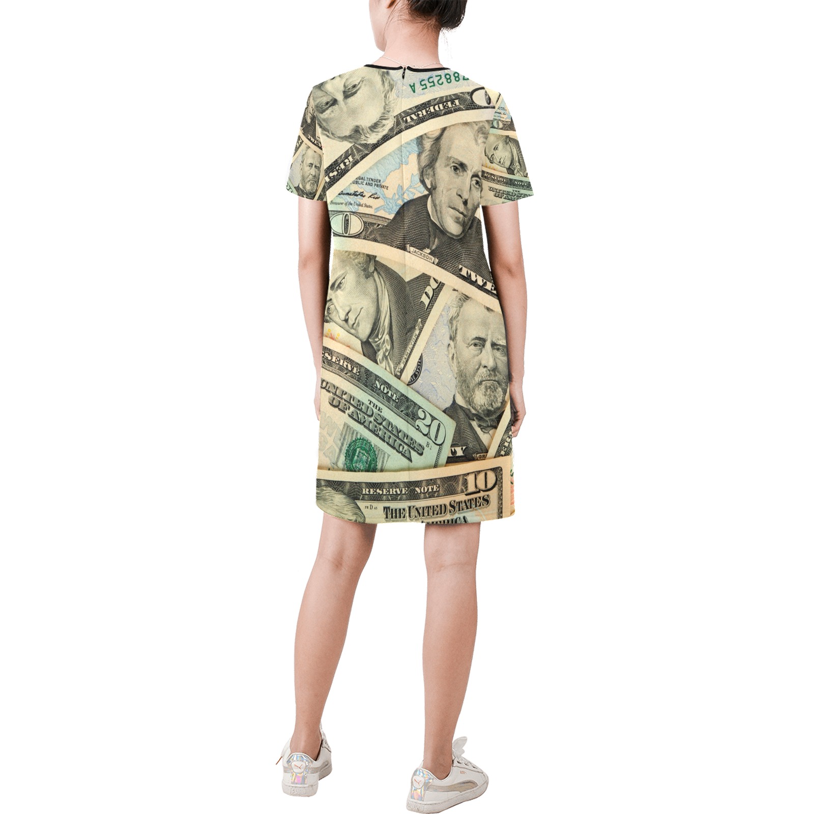 US PAPER CURRENCY Short-Sleeve Round Neck A-Line Dress (Model D47)