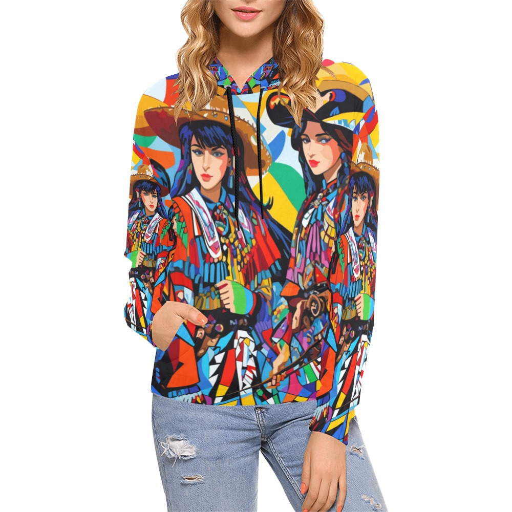 Three colorful cowgirls. Abstract geometric art. All Over Print Hoodie for Women (USA Size) (Model H13)
