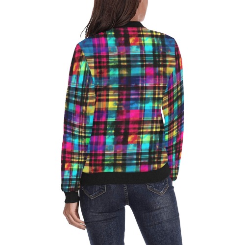 Rainbow Tri Color Grunge Plaid All Over Print Bomber Jacket for Women (Model H36)