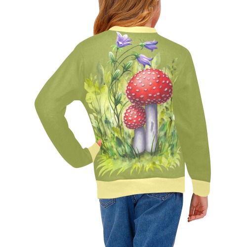 Red Mushroom Violet Flower Floral Watercolors on green Iva West Girls' All Over Print Crew Neck Sweater (Model H49)