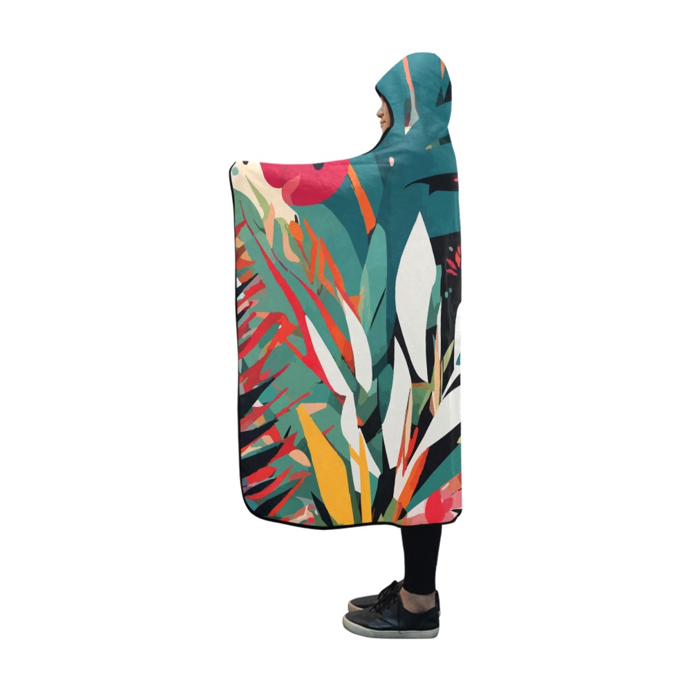 Tropical flowers and plants on orange background. Hooded Blanket 60''x50''