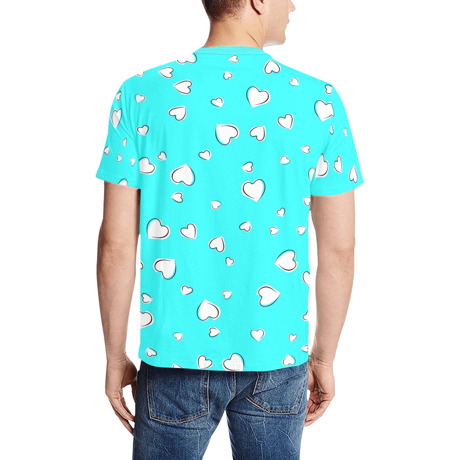 White Hearts Floating on Aqua Men's All Over Print T-Shirt (Solid Color Neck) (Model T63)