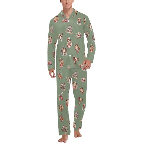 Men's Long Pajama Set Cowboy Christmas Green Men's V-Neck Long Pajama Set
