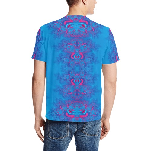 Blue Flowers on the Ocean Frost Fractal Men's All Over Print T-Shirt (Random Design Neck) (Model T63)