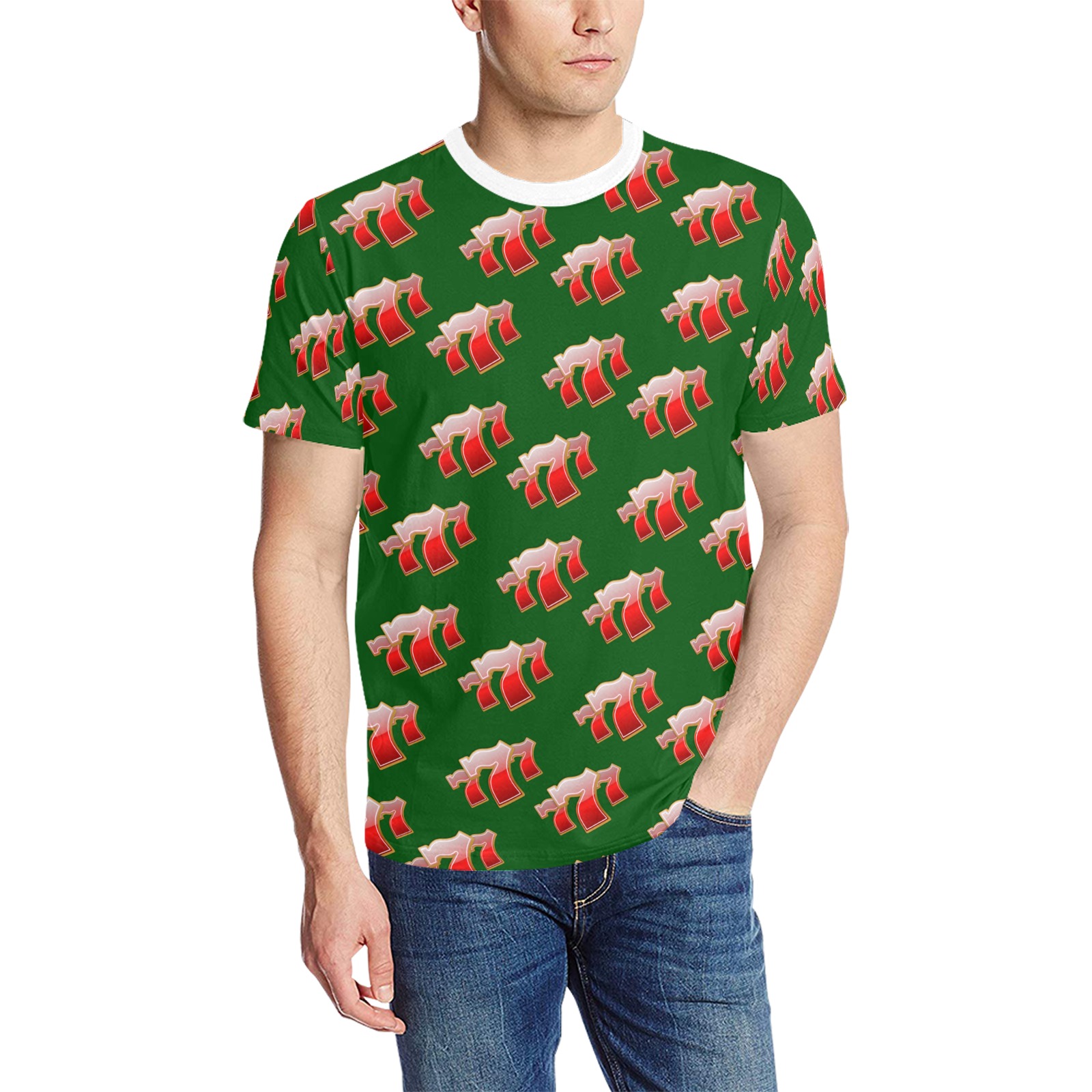 Las Vegas Lucky Sevens 777 / Green Men's All Over Print T-Shirt (Solid Color Neck) (Model T63)