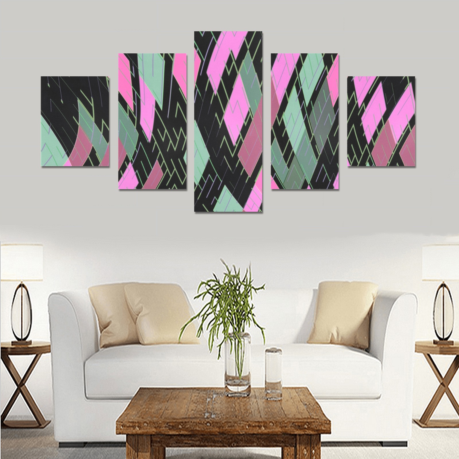 Pink Green Black Geometric Canvas Print Sets B (No Frame)