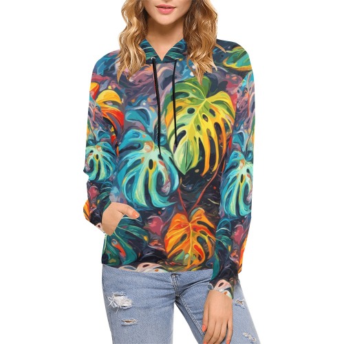 Mix of colorful monstera leaves. Tropical plants. All Over Print Hoodie for Women (USA Size) (Model H13)