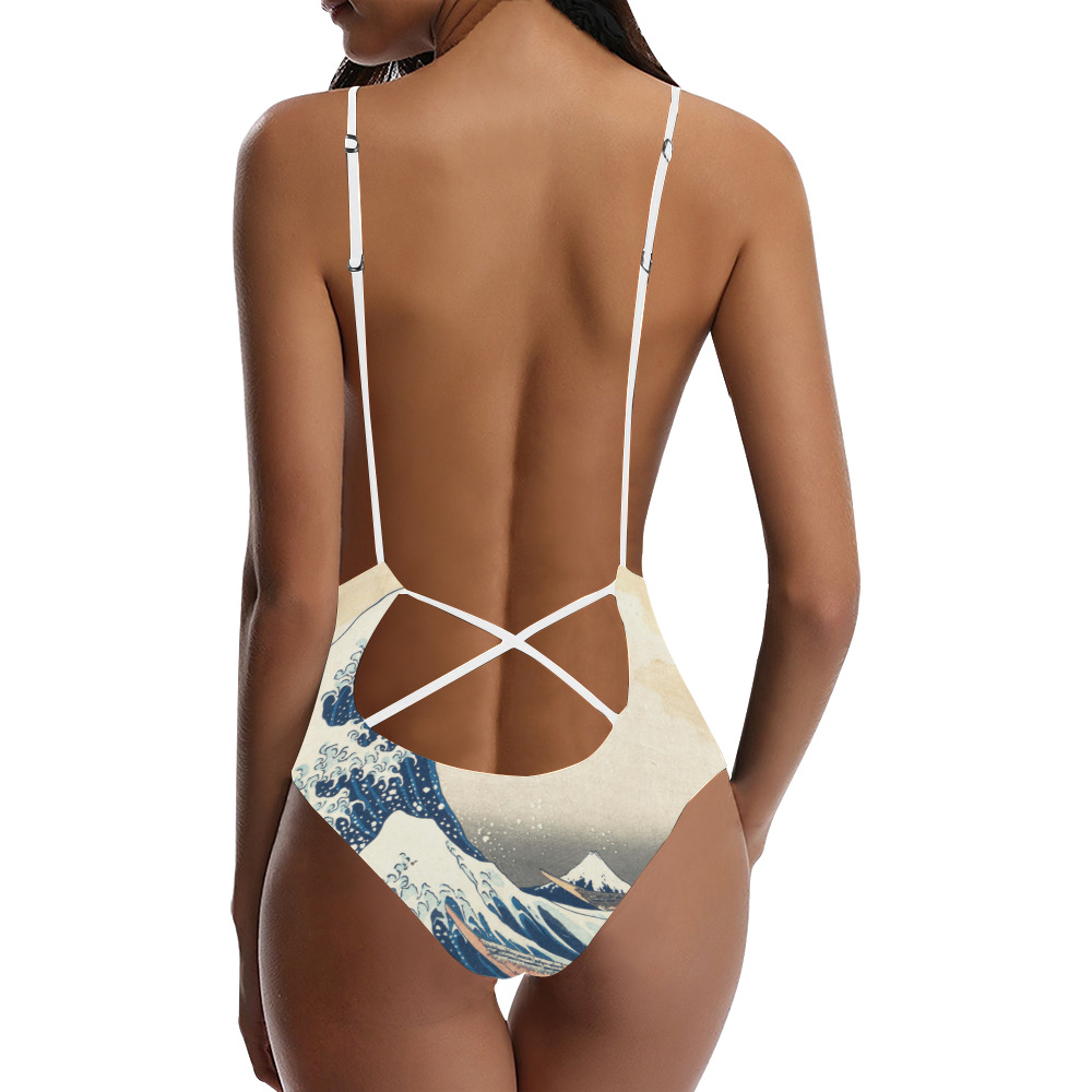The Classic Japanese Great Wave off Kanagawa by Hokusai Sexy Lacing Backless One-Piece Swimsuit (Model S10)