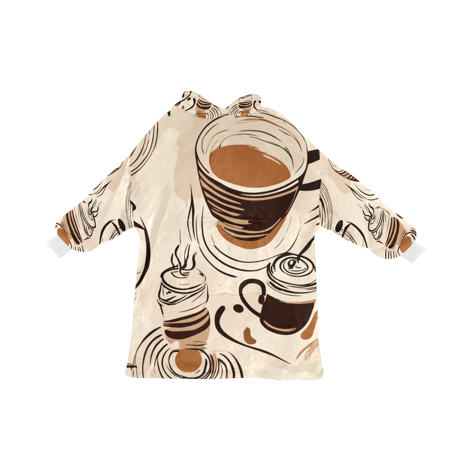 Cups of coffee and beans on a beige table chic art Blanket Hoodie for Women