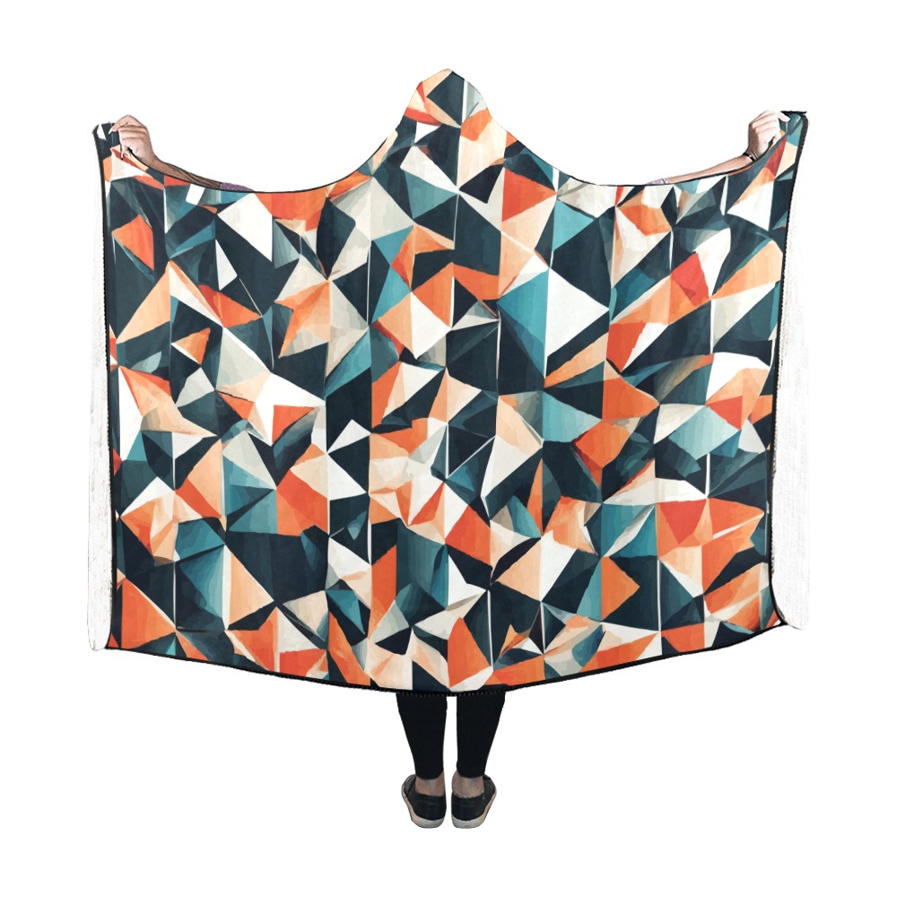 Orange, white, turquoise, black triangle shapes. Hooded Blanket 60''x50''