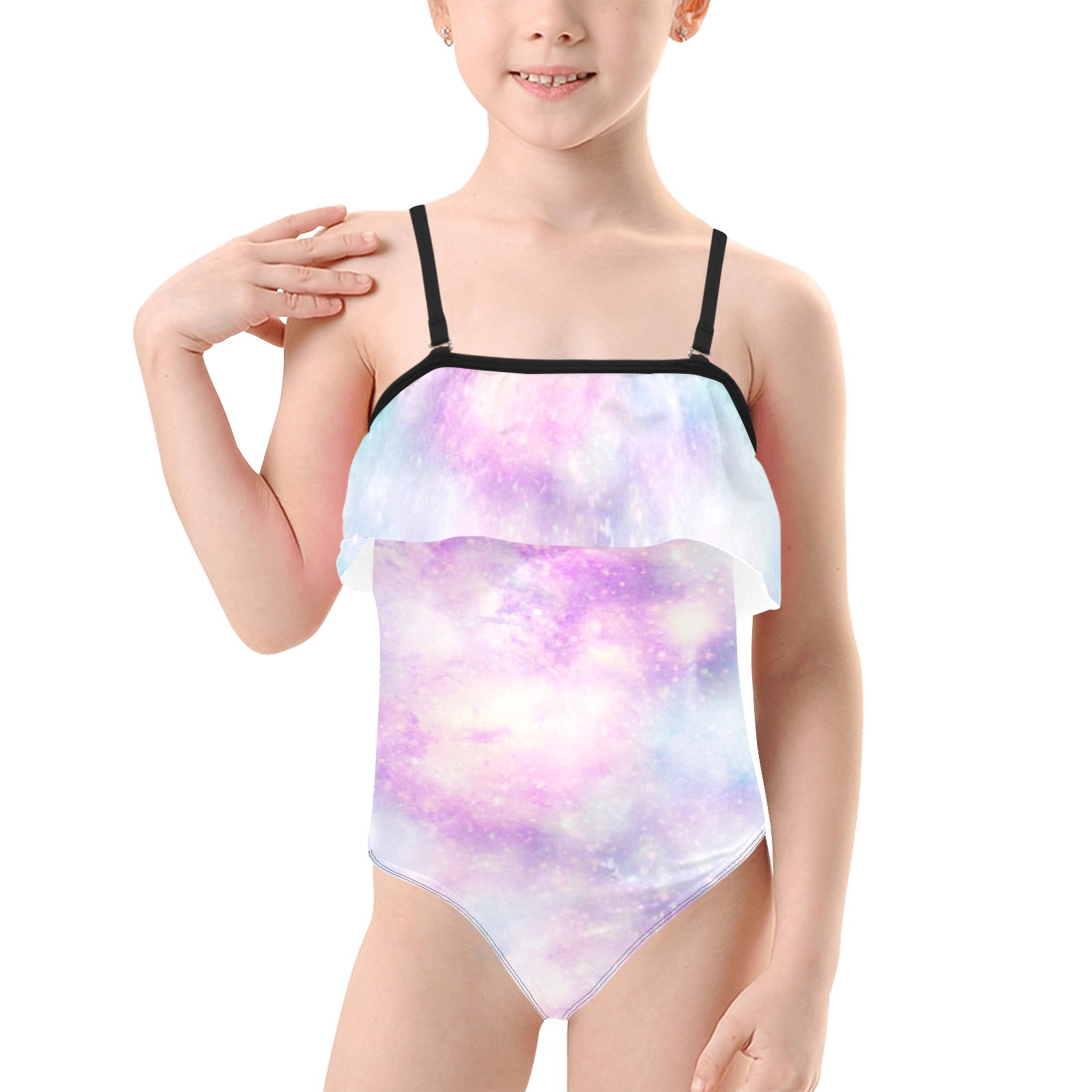 Galaxy universe Kids' Spaghetti Strap Ruffle Swimsuit (Model S26)