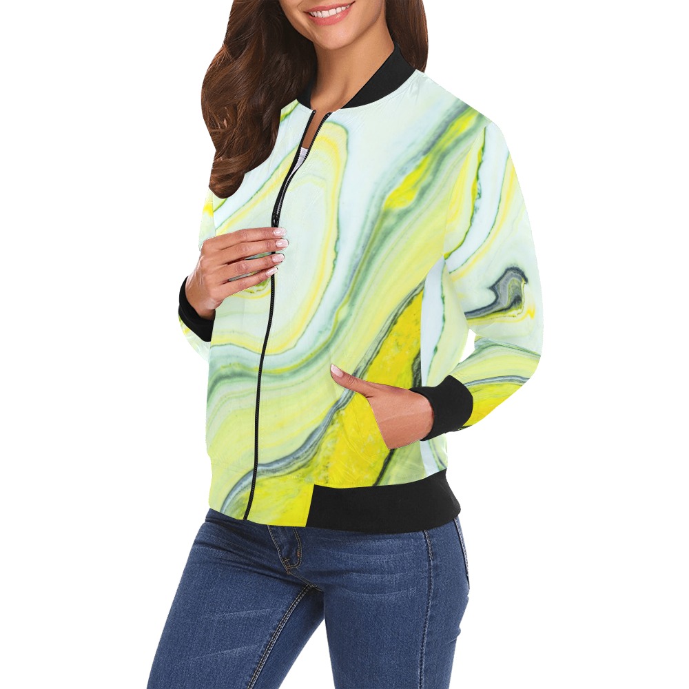Yellow-Green marbled All Over Print Bomber Jacket for Women (Model H19)