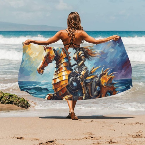 Cyborg woman rides a mechanical seahorse art sea. Beach Towel 32"x 71"