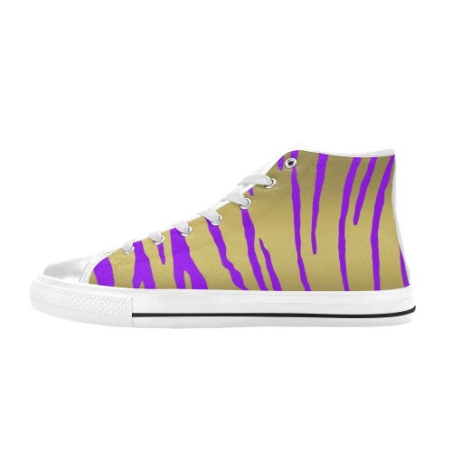 Gold Tiger Stripes Purple High Top Canvas Shoes for Kid (Model 017)