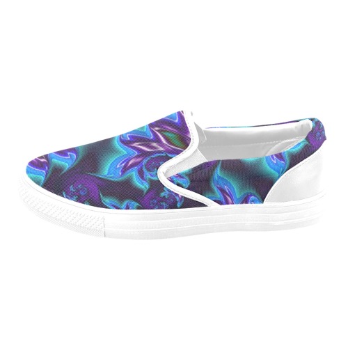 Aqua Blue and Purple Flowers Fractal Abstract Women's Unusual Slip-on Canvas Shoes (Model 019)