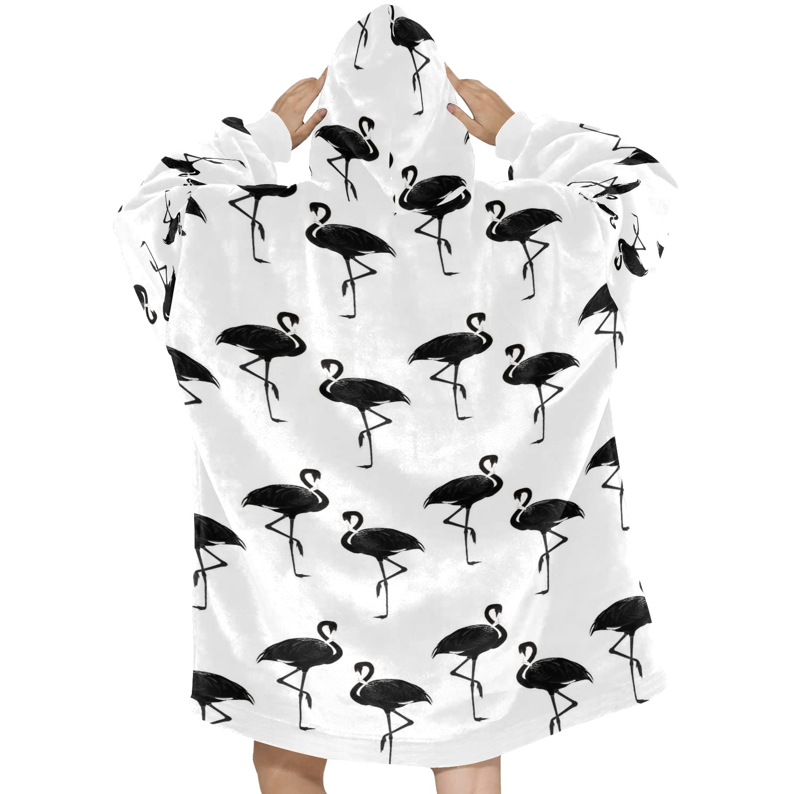 Flamingos Pattern Black and White Blanket Hoodie for Women