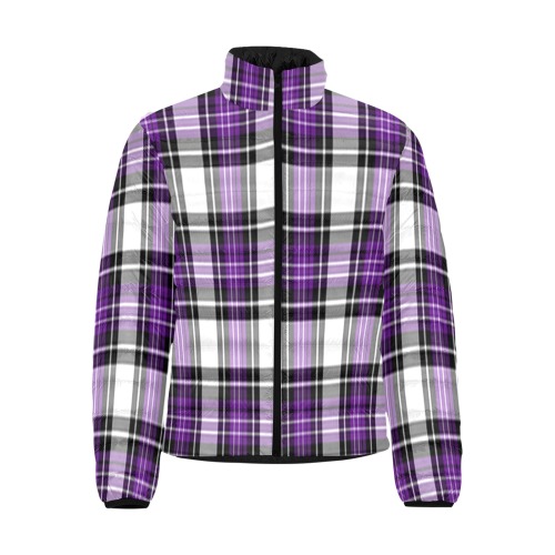 Purple Black Plaid Men's Stand Collar Padded Jacket (Model H41)