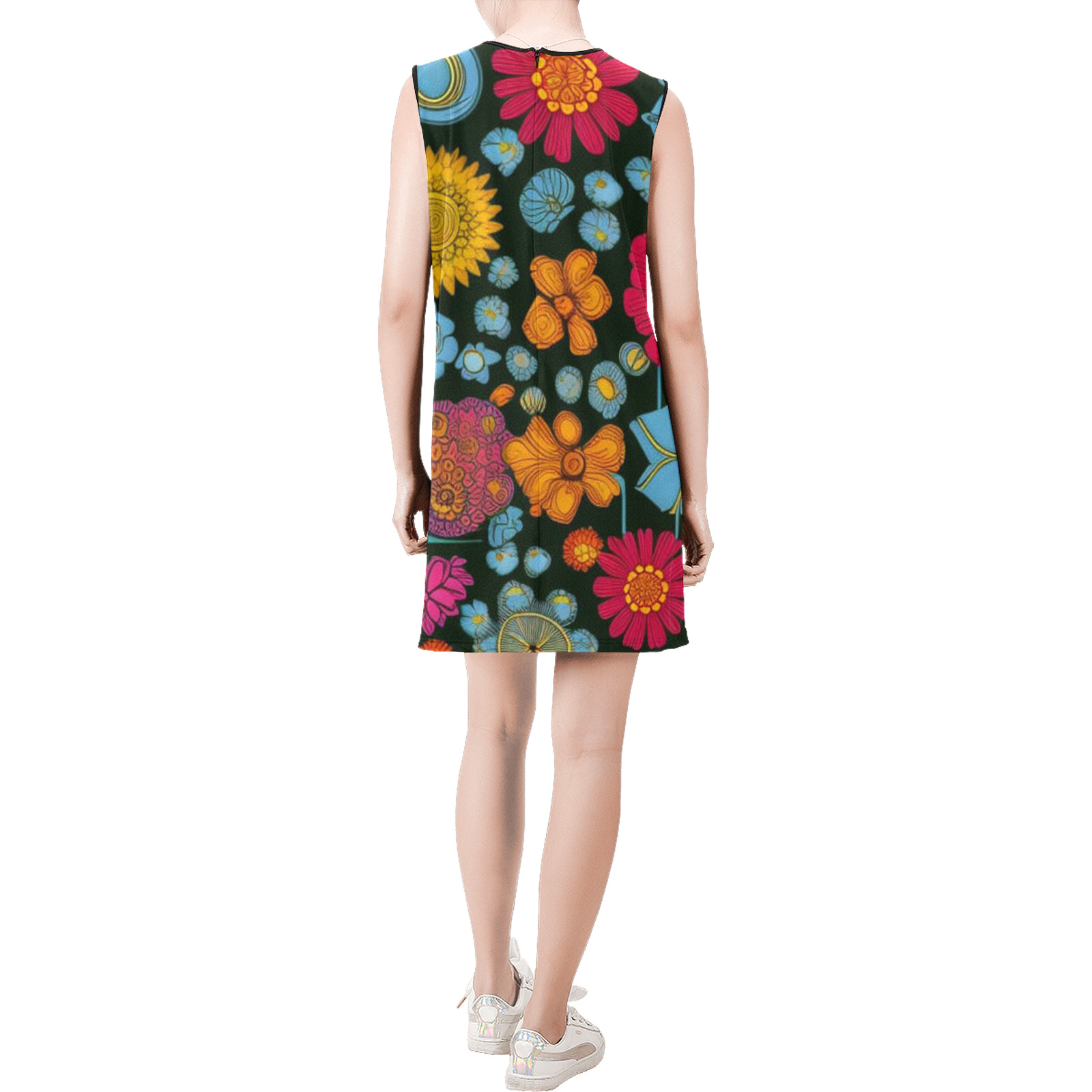 mid century retro floral 1970s 1960s pattern 77 Sleeveless Round Neck Shift Dress (Model D51)