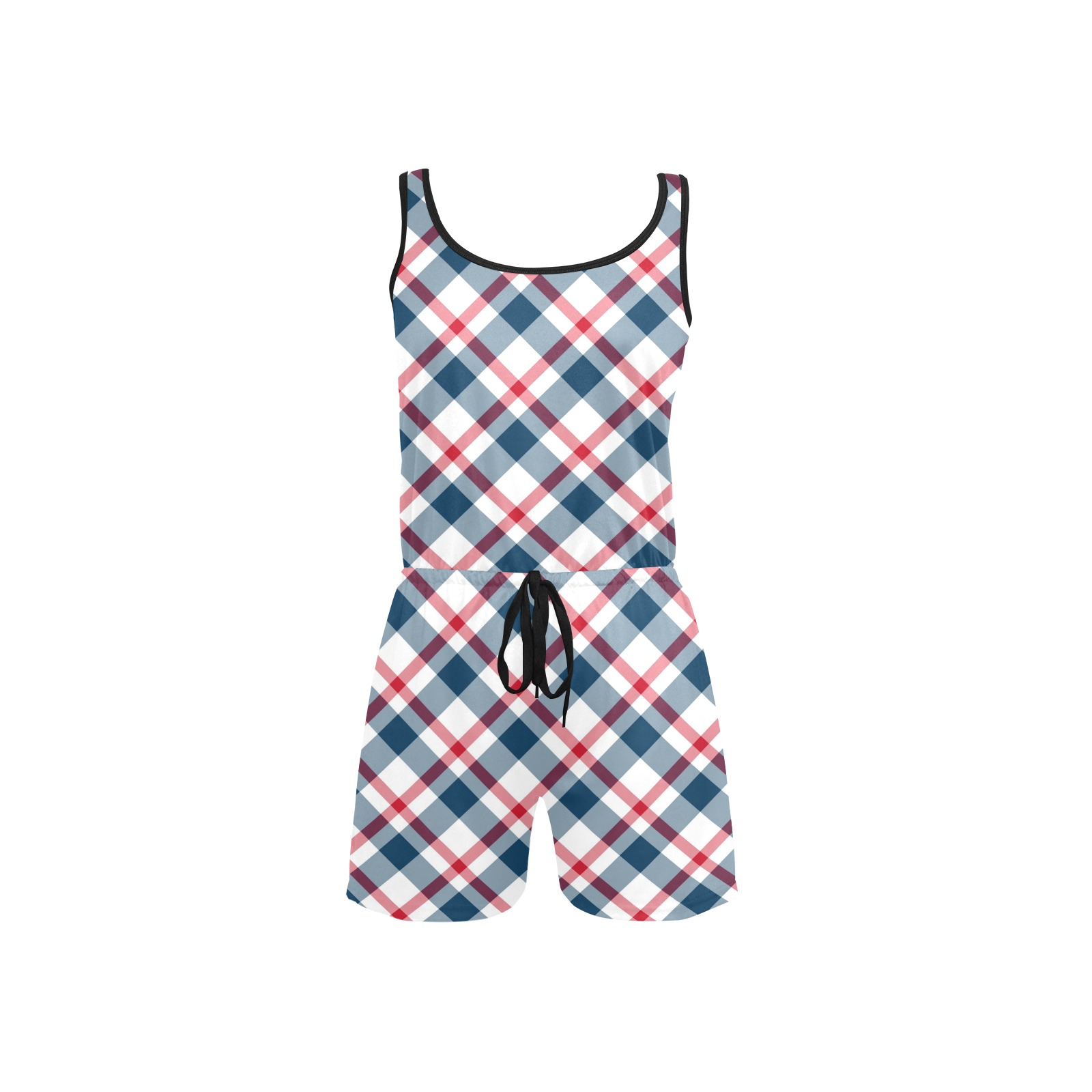Red, White, Blue Plaid All Over Print Short Jumpsuit
