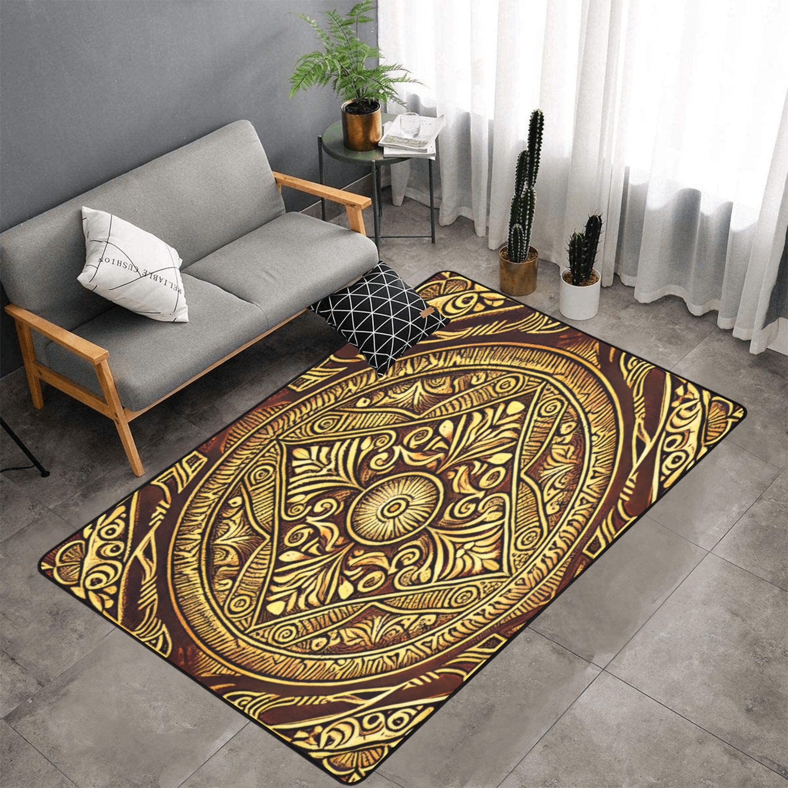 intricate pattern, gold and brown Area Rug with Black Binding 7'x5'