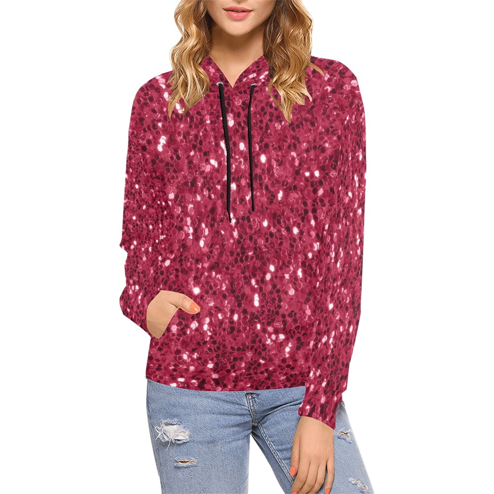 Magenta dark pink red faux sparkles glitter All Over Print Hoodie for Women (USA Size) (Model H13)