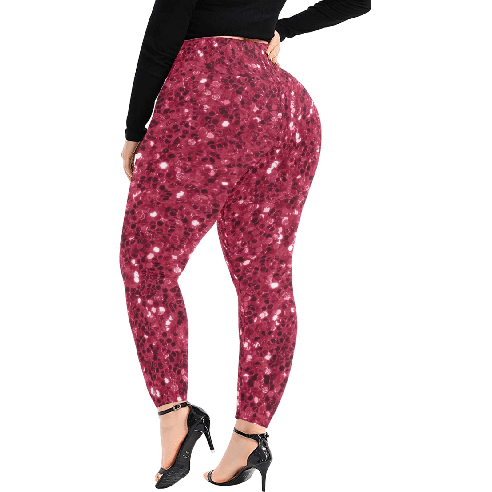Magenta dark pink red faux sparkles glitter Women's Extra Plus Size High Waist Leggings (Model L45)