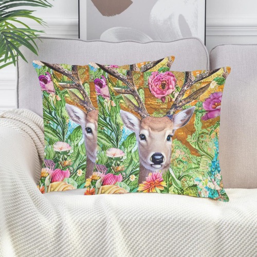 Boho Aesthetic Deer Simulated Quilt Artwork Linen Zippered Pillowcase 18"x18"(Two Sides&Pack of 2)