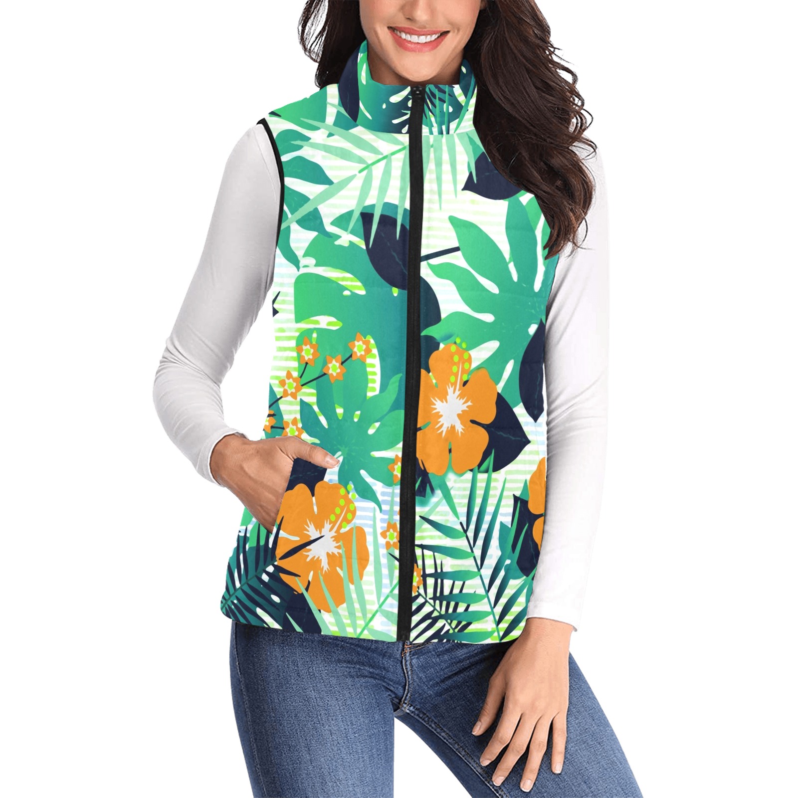 GROOVY FUNK THING FLORAL Women's Padded Vest Jacket (Model H44)
