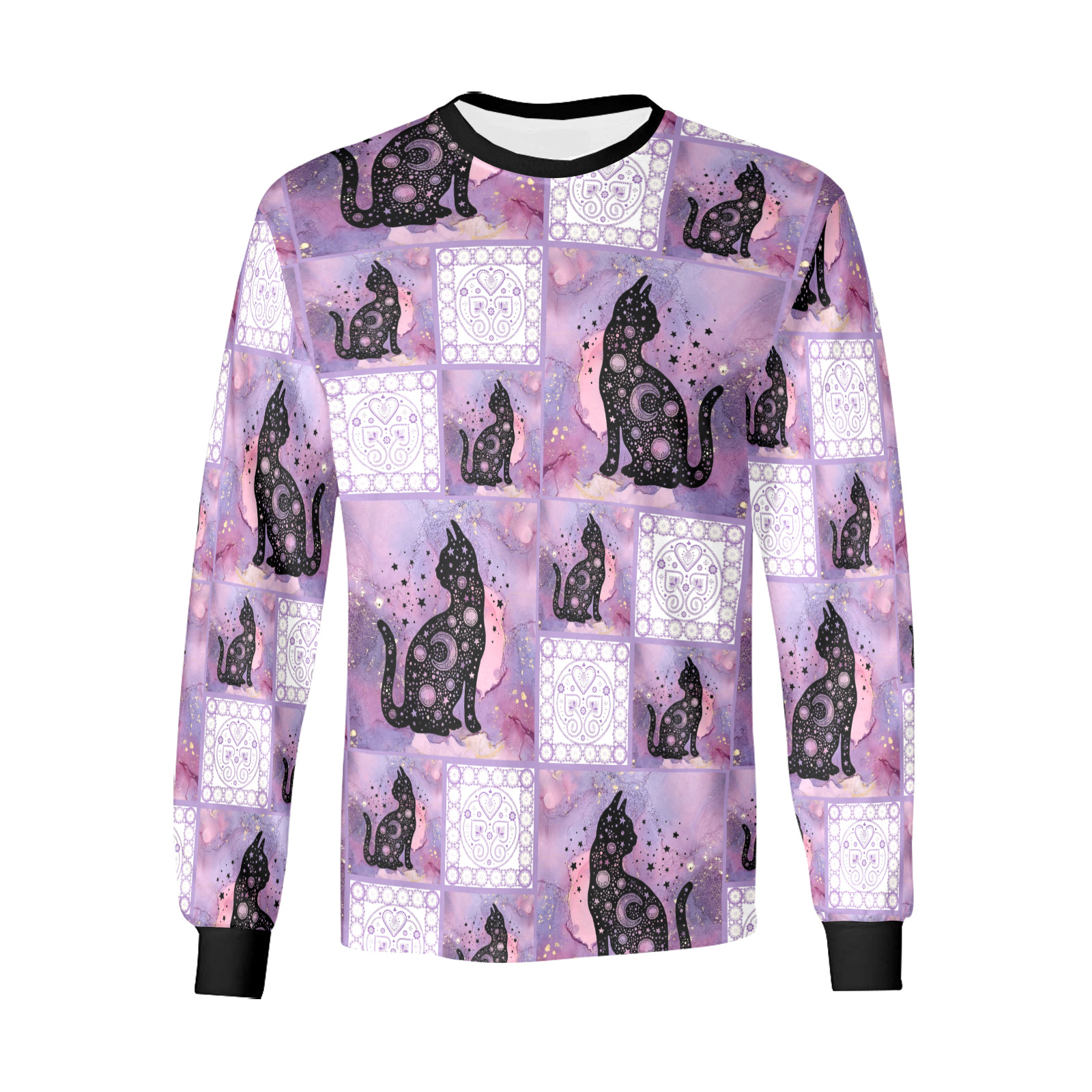 Purple Cosmic Cats Patchwork Pattern Kids' All Over Print Long Sleeve T-shirt (Model T51)