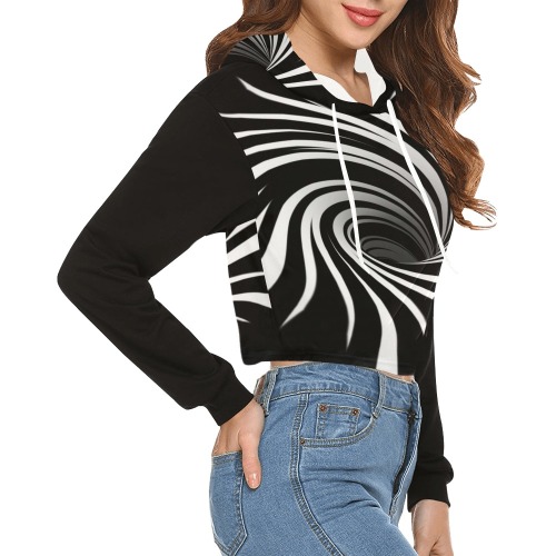 Op Art Optical Illusion Abstract Flower (Black|White) All Over Print Crop Hoodie for Women (Model H22)
