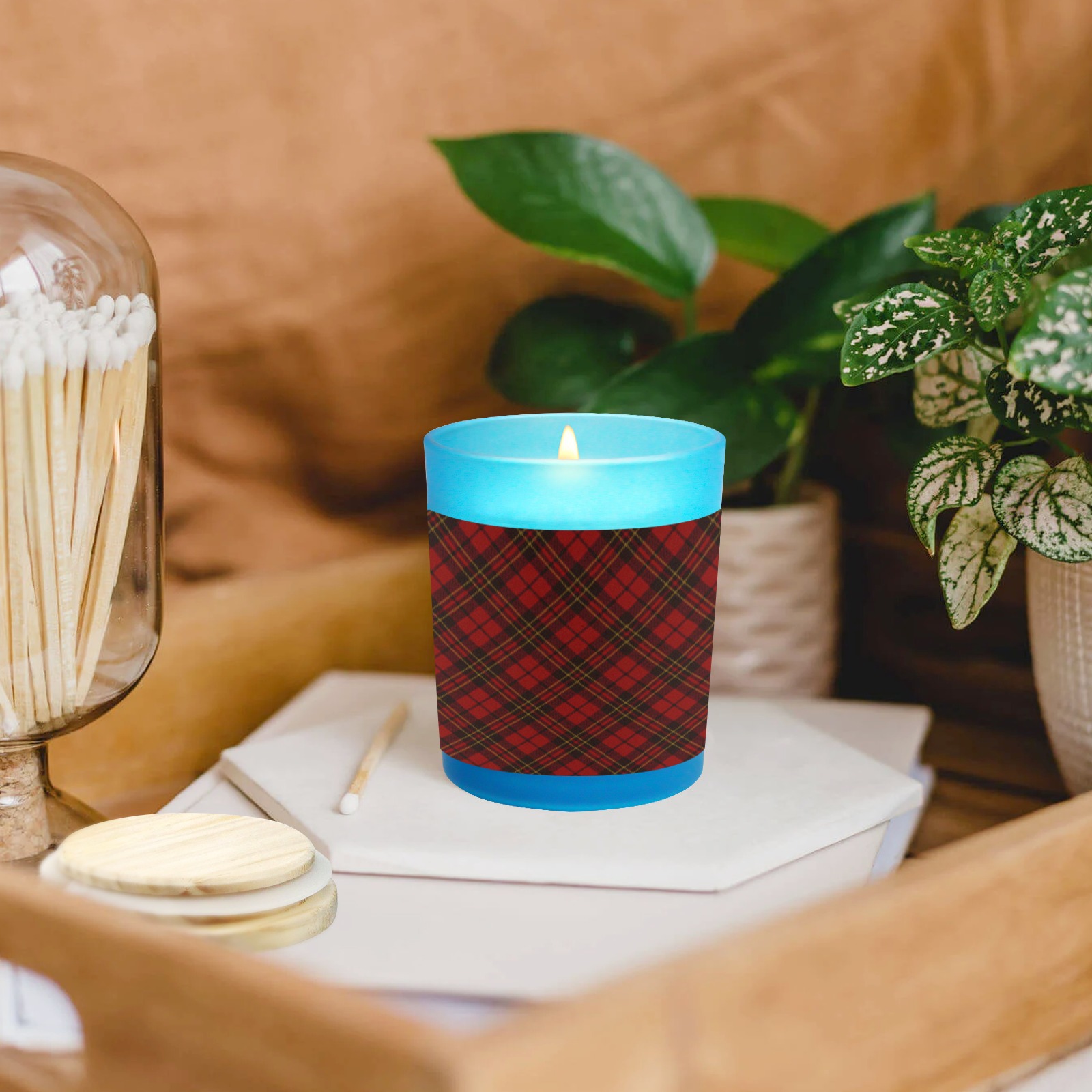 Red tartan plaid winter Christmas pattern holidays Blue Glass Candle Cup (Wood Sage & Sea Salt)