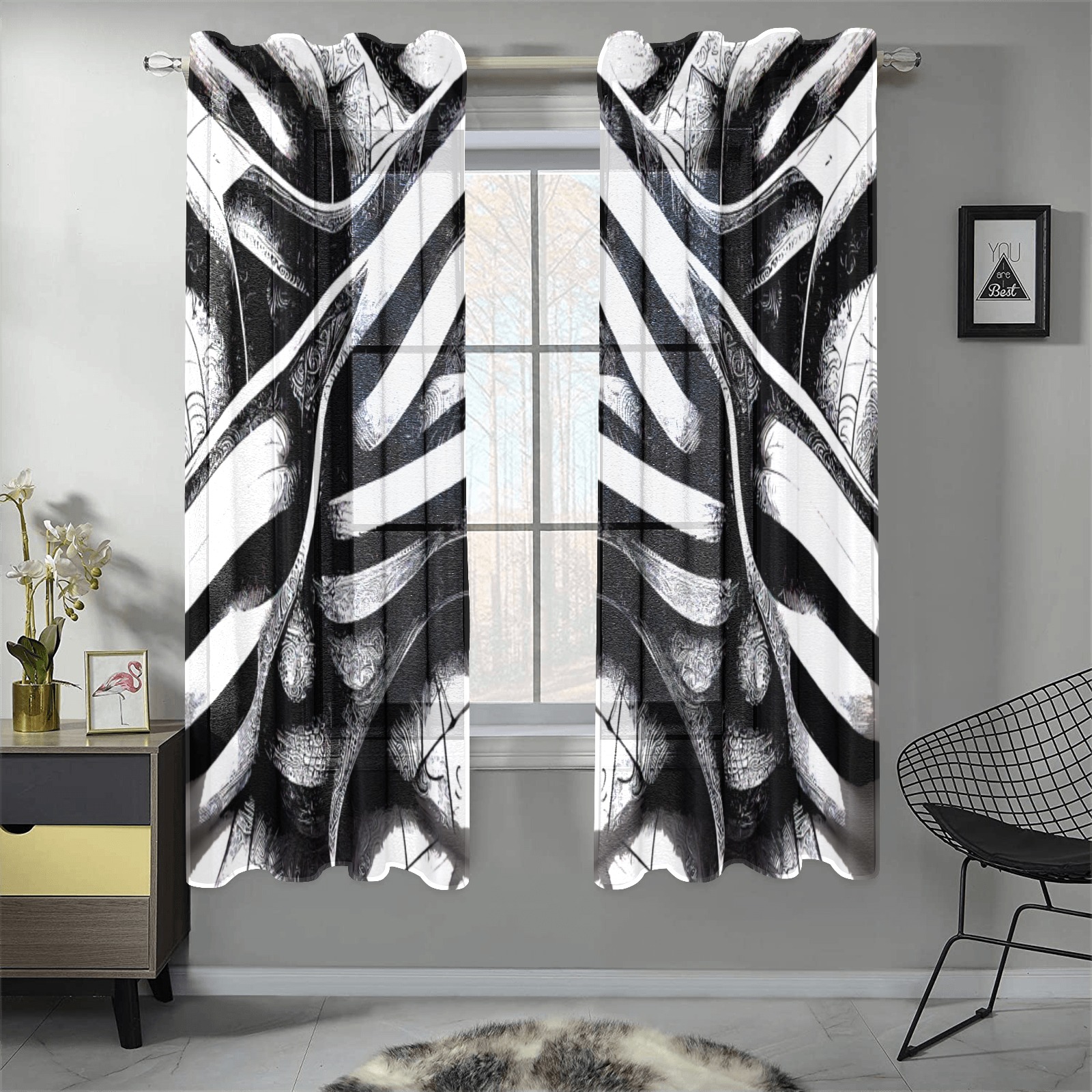 detailed black and white abstract style Gauze Curtain 28"x63" (Two-Piece)