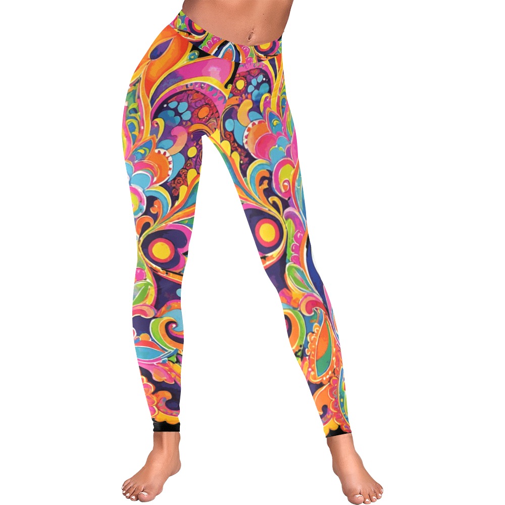 Abstract Retro Hippie Paisley Floral Women's Low Rise Leggings (Invisible Stitch) (Model L05)