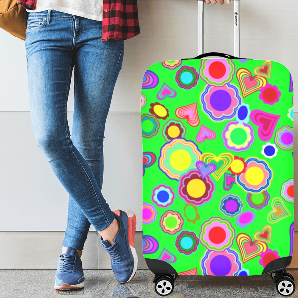 Groovy Hearts and Flowers Green Luggage Cover/Large 26"-28"