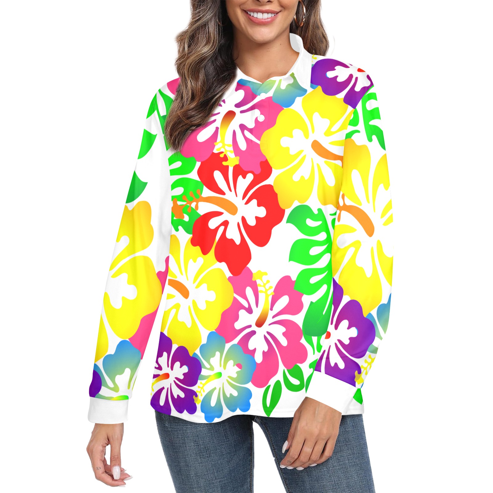 Hibiscus Hawaiian Flowers / White Women's Long Sleeve Polo Shirt (Model T73)