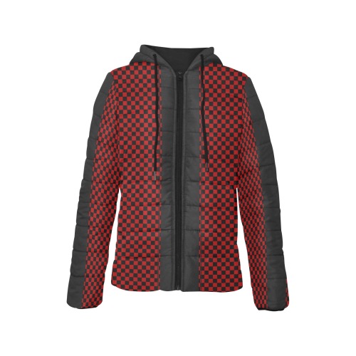 Checkerboard Red Black Stripe Racing Women's Padded Hooded Jacket (Model H46)
