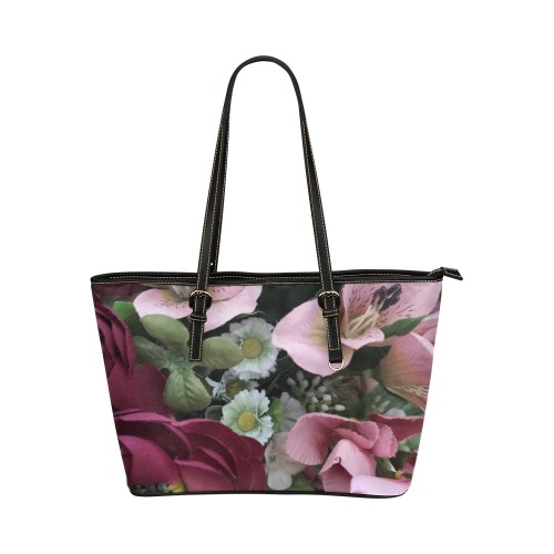 pink bouquet Leather Tote Bag/Small (Model 1651)