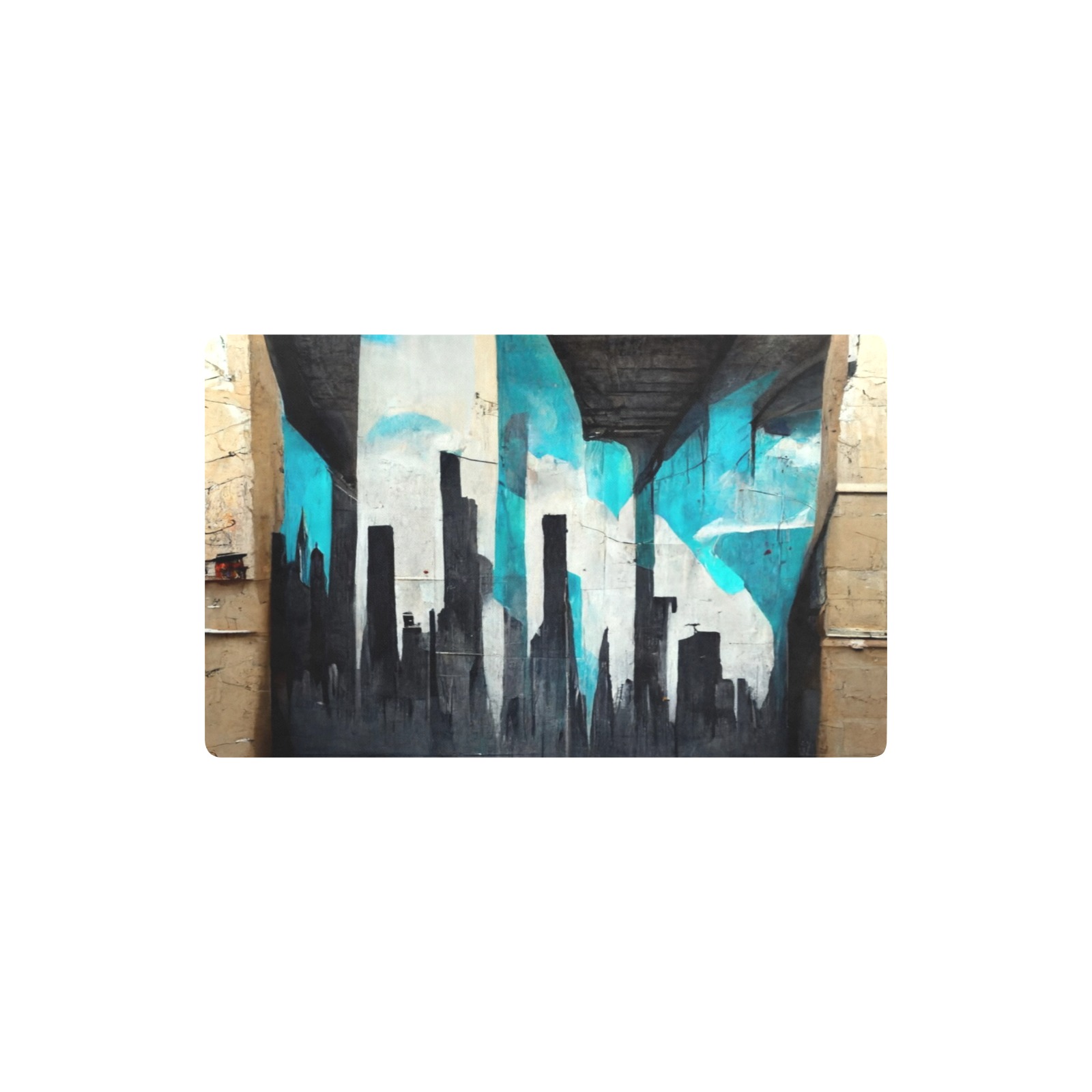 graffiti building's turquoise and black Kitchen Mat 32"x20"