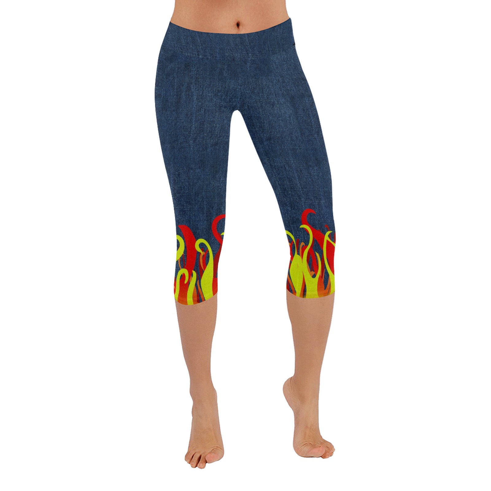 Fire and Flames With Denim-look Low Rise Capri Leggings (Invisible Stitch) (Model L08)